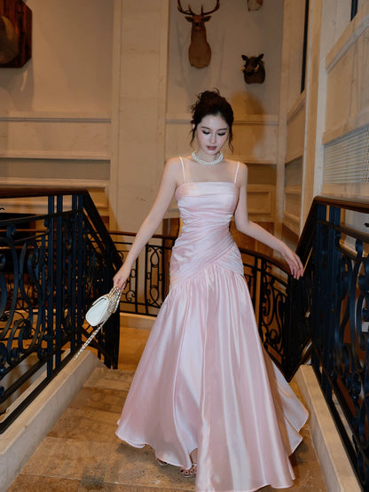 Modest French Style Mermaid Spaghetti Straps Pink Fashion Women Long Formal Outfits Prom Dresses N2074