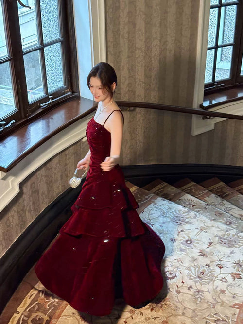 Modest French Style Mermaid Spaghetti Straps Burgundy Fashion Women Long Formal Outfits Prom Dresses N2077