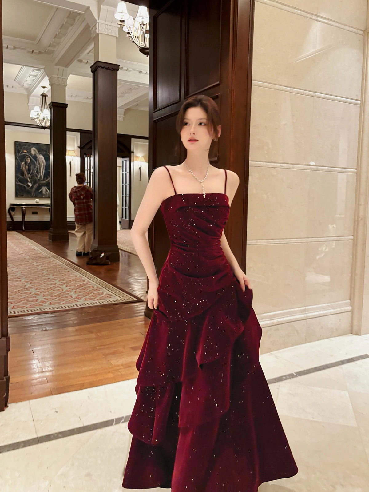 Modest French Style Mermaid Spaghetti Straps Burgundy Fashion Women Long Formal Outfits Prom Dresses N2077