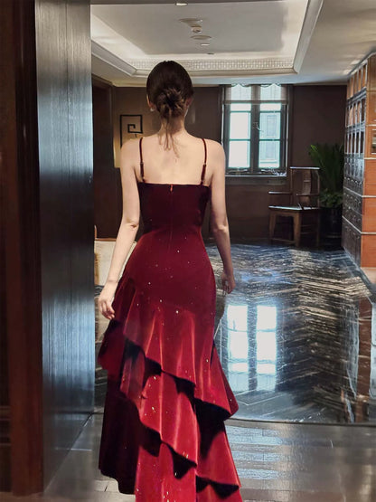 Modest French Style Mermaid Spaghetti Straps Burgundy Fashion Women Long Formal Outfits Prom Dresses N2077