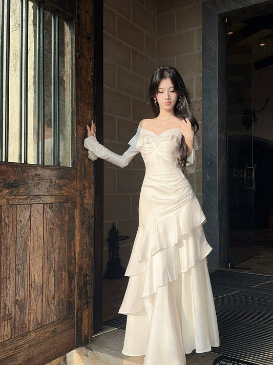 Modest French Style Mermaid Off The Shoulder White Fashion Women Long Formal Outfits Prom Dresses N2090