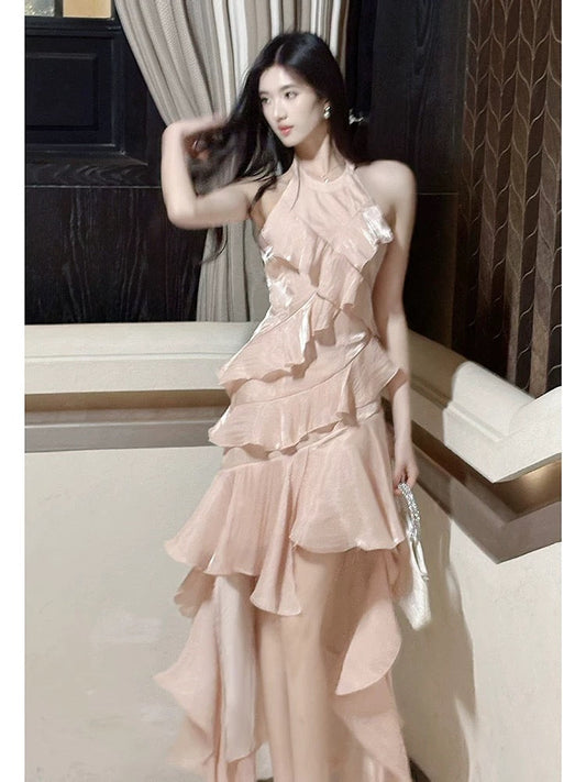 Modest French Style A line Scoop Pink Tiered Layers Fashion Women Long Formal Outfits Prom Dresses N2098