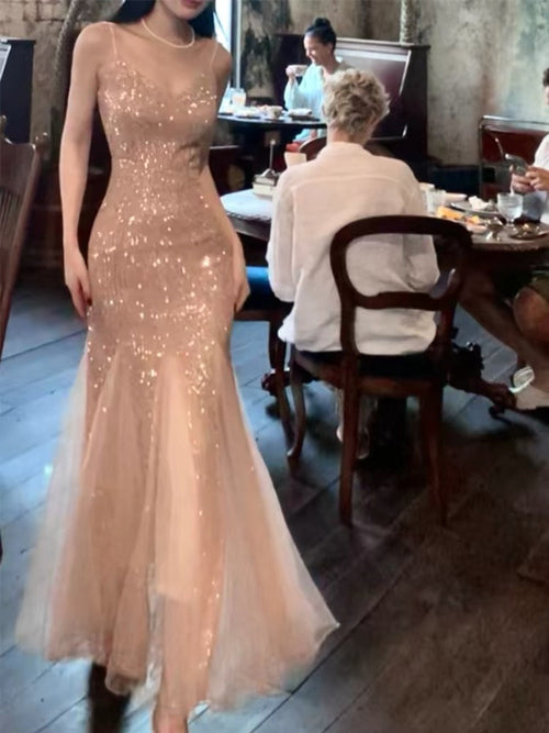 Modest French Style Mermaid Spaghetti Straps Pink Sequin Fashion Women Long Formal Outfits Prom Dresses N2101