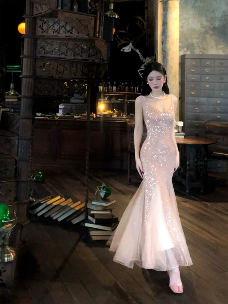 Modest French Style Mermaid Spaghetti Straps Pink Sequin Fashion Women Long Formal Outfits Prom Dresses N2101