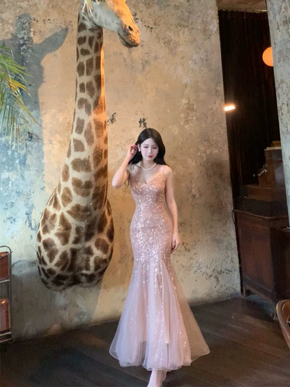 Modest French Style Mermaid Spaghetti Straps Pink Sequin Fashion Women Long Formal Outfits Prom Dresses N2101