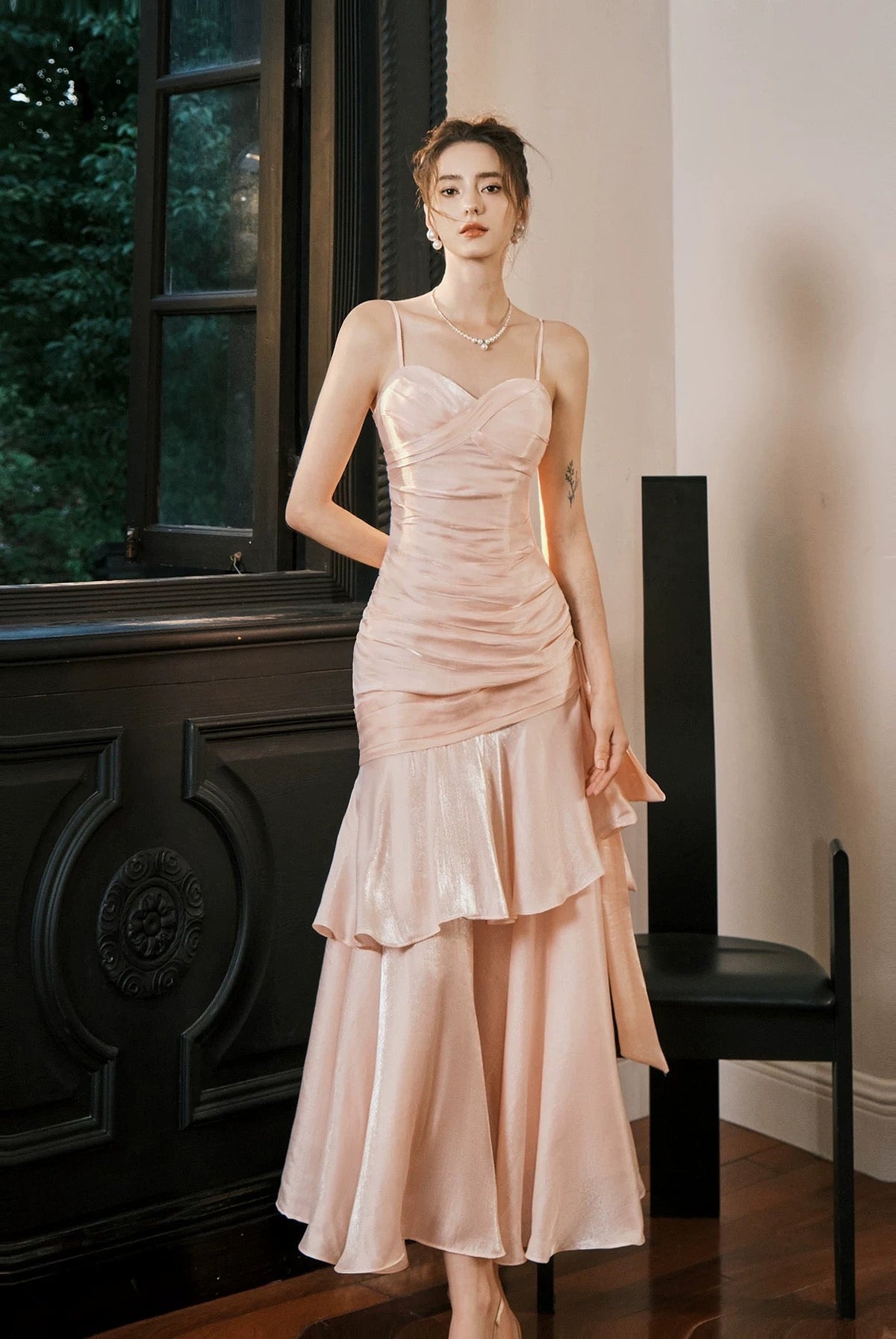 Simple Mermaid Spaghetti Straps Blush Pink Satin Inspiration Long Party Prom Dresses N2103