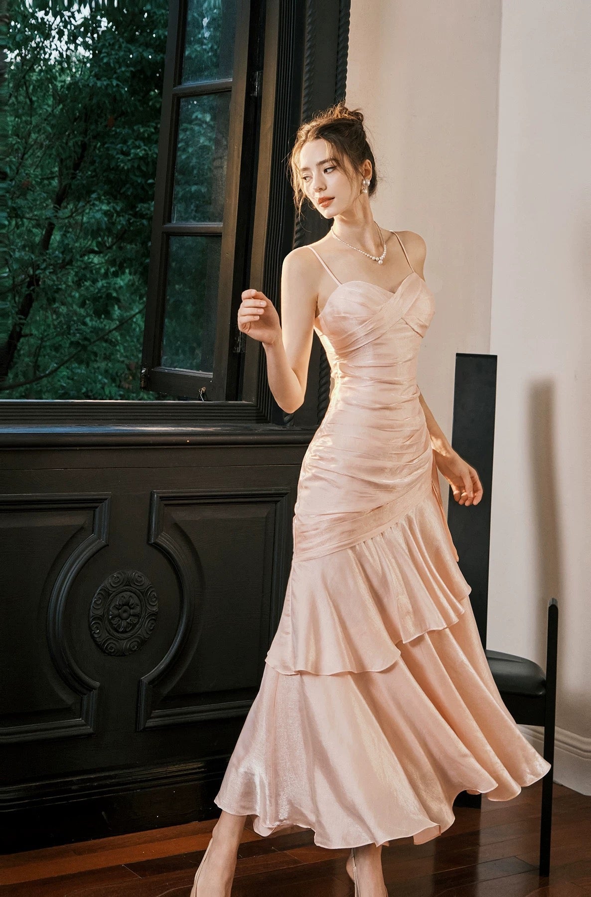 Simple Mermaid Spaghetti Straps Blush Pink Satin Inspiration Long Party Prom Dresses N2103