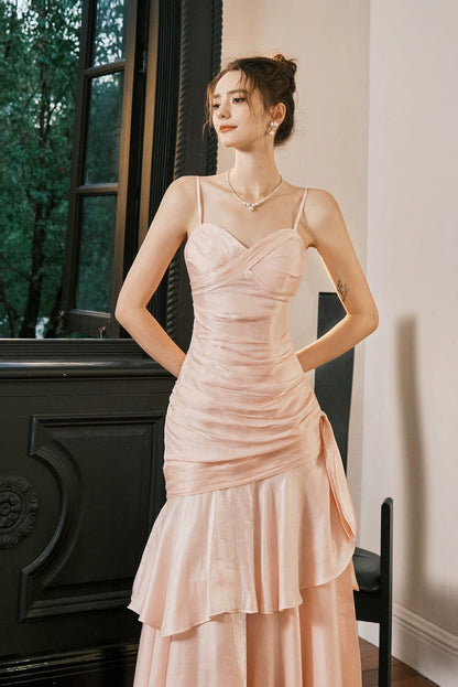 Simple Mermaid Spaghetti Straps Blush Pink Satin Inspiration Long Party Prom Dresses N2103