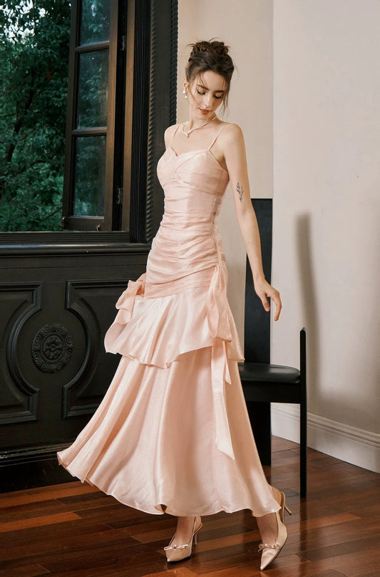 Simple Mermaid Spaghetti Straps Blush Pink Satin Inspiration Long Party Prom Dresses N2103