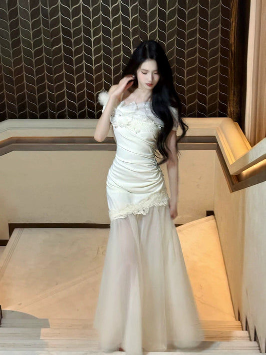 Modest French Style Mermaid White Lace Fashion Women Long Formal Outfits Prom Dresses N2110