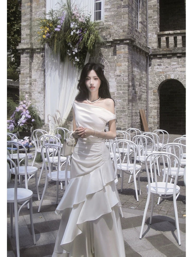 Classy Mermaid White Off The Shoulder Ruffles Satin For Women Girls Teens Prom Dresses N2184