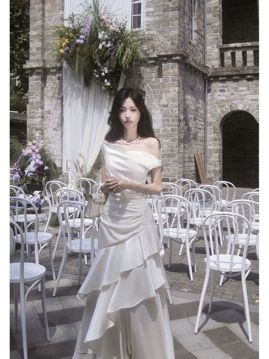 Classy Mermaid White Off The Shoulder Ruffles Satin For Women Girls Teens Prom Dresses N2184