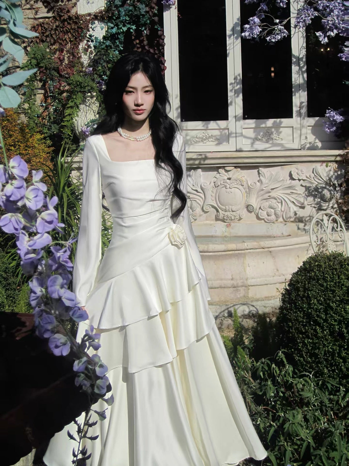 Classy Mermaid Square Neck White With Long Sleeves For Women Girls Teens Prom Dresses N2187