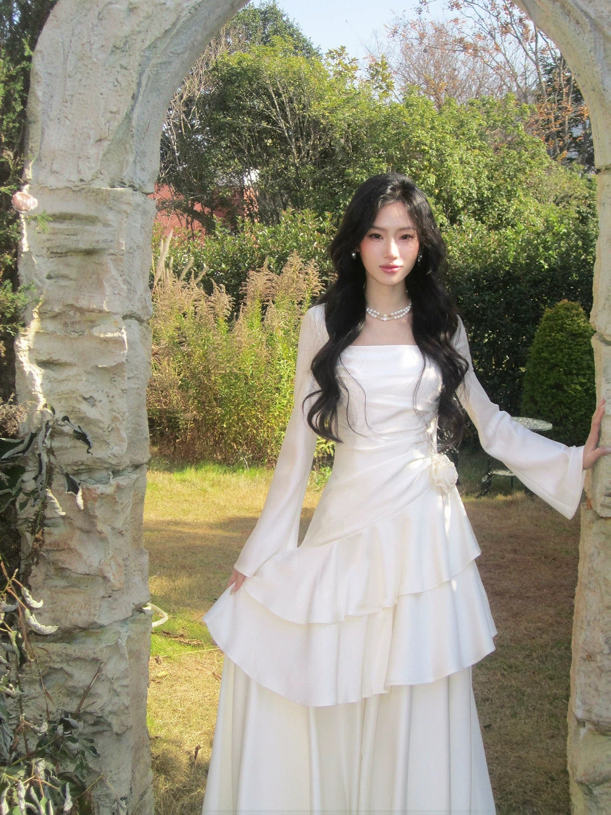 Classy Mermaid Square Neck White With Long Sleeves For Women Girls Teens Prom Dresses N2187