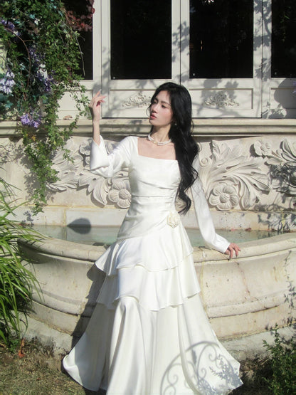 Classy Mermaid Square Neck White With Long Sleeves For Women Girls Teens Prom Dresses N2187