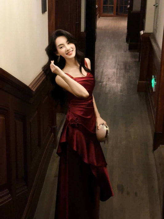 Classy Mermaid Square Neck Burgundy Satin Long For Women Girls Teens Prom Dresses N2190