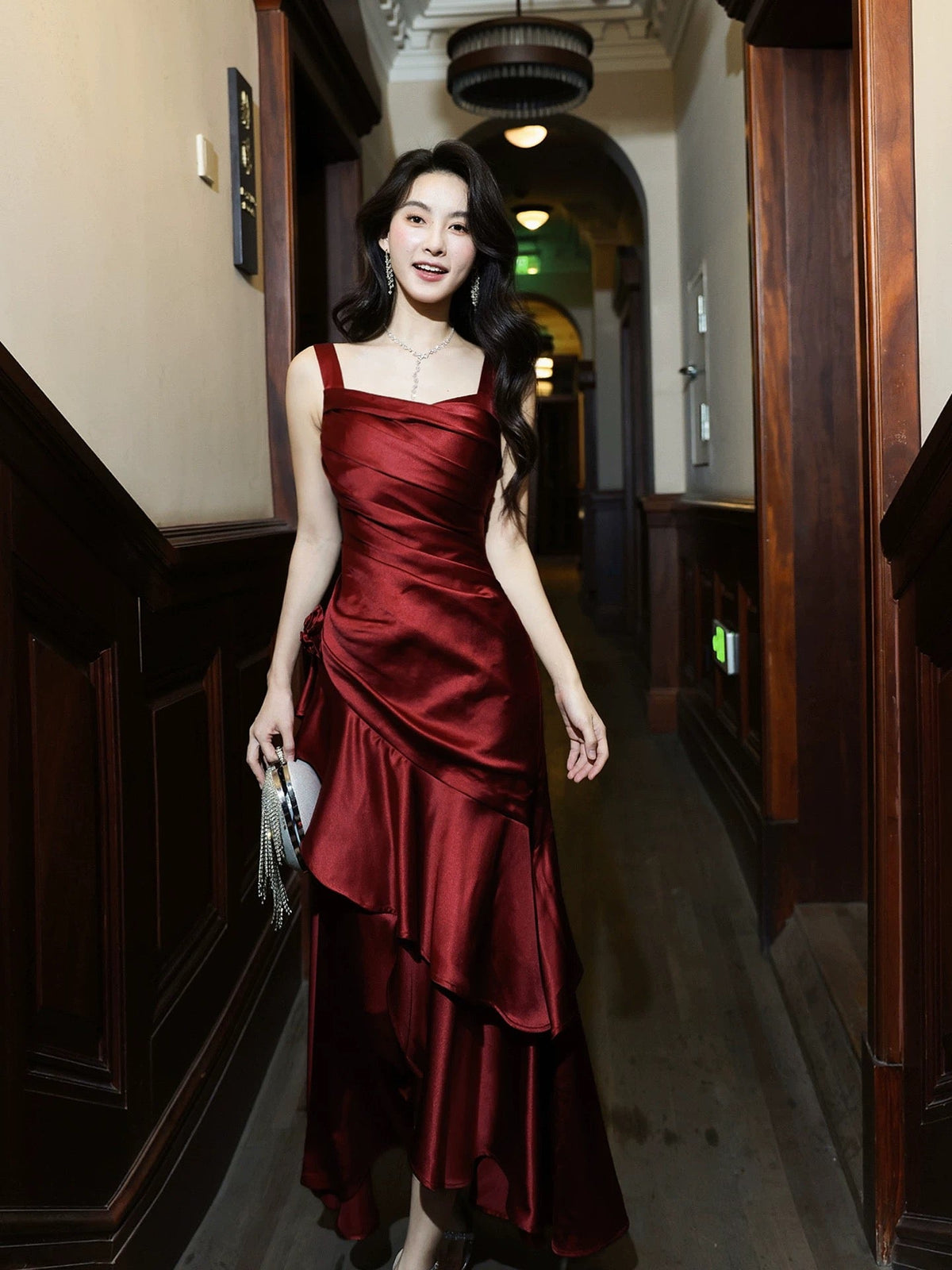 Classy Mermaid Square Neck Burgundy Satin Long For Women Girls Teens Prom Dresses N2190