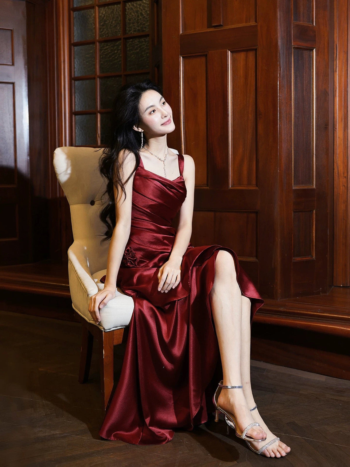 Classy Mermaid Square Neck Burgundy Satin Long For Women Girls Teens Prom Dresses N2190