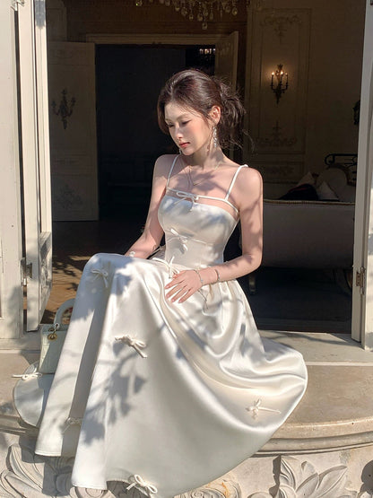 Simple A Line Spaghetti Strap Ivory Satin Long For Women Girls Teens Prom Dresses N2194