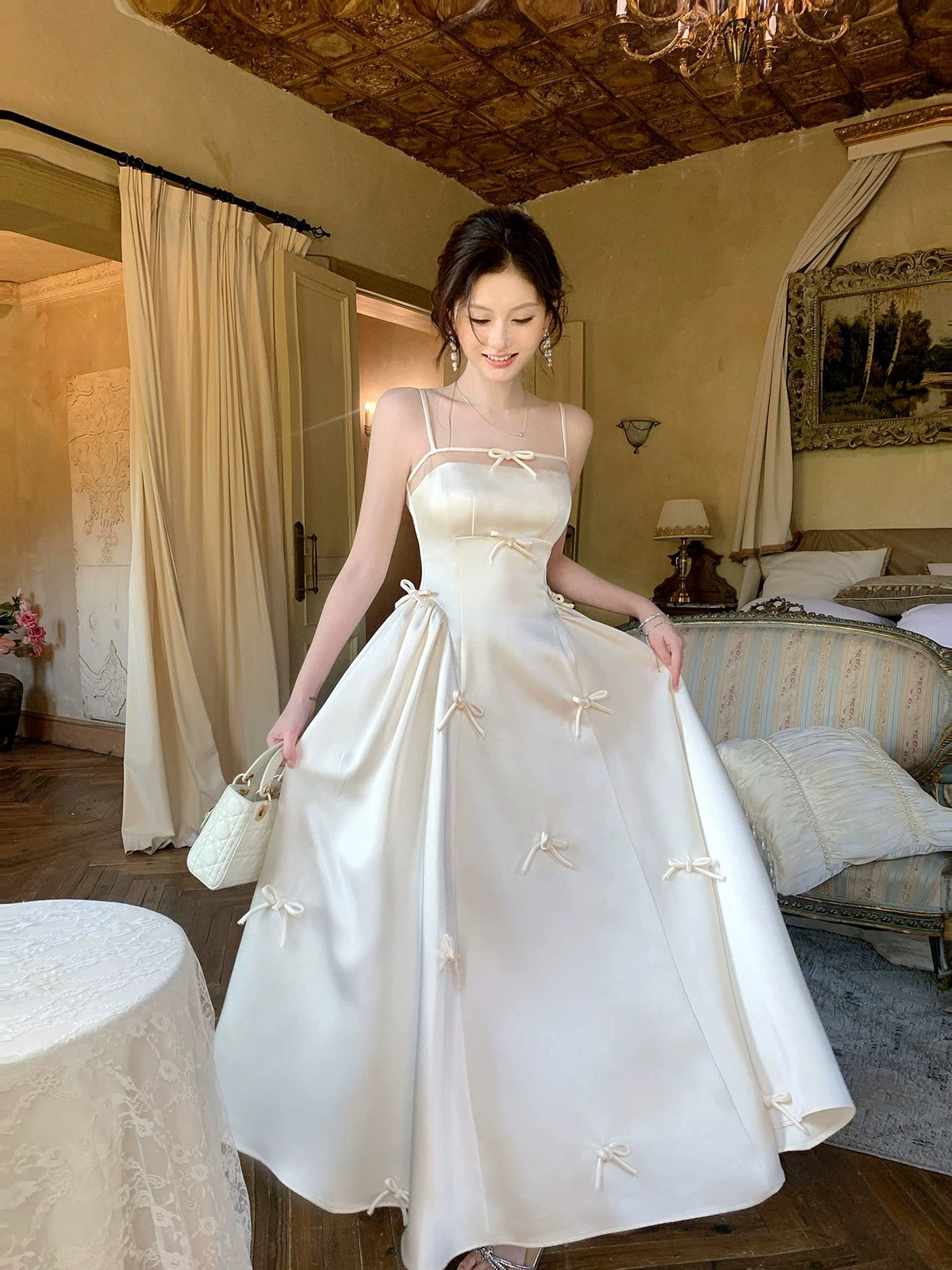 Simple A Line Spaghetti Strap Ivory Satin Long For Women Girls Teens Prom Dresses N2194