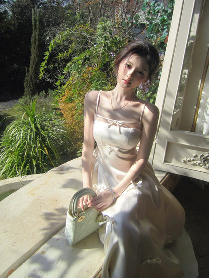 Simple A Line Spaghetti Strap Ivory Satin Long For Women Girls Teens Prom Dresses N2194