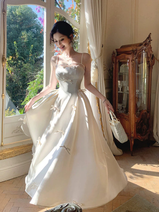 Simple A Line Spaghetti Strap Ivory Satin Long For Women Girls Teens Prom Dresses N2194