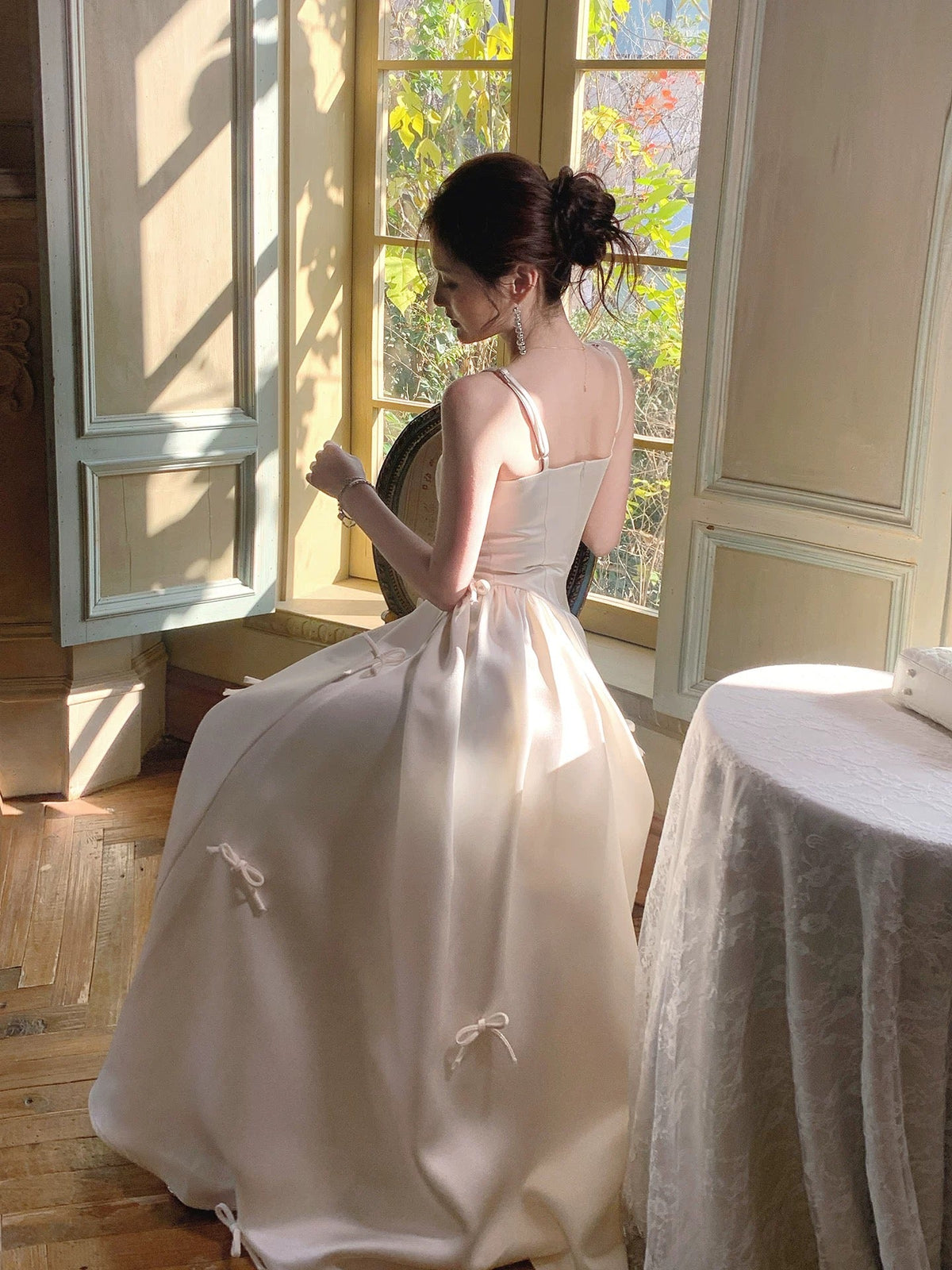 Simple A Line Spaghetti Strap Ivory Satin Long For Women Girls Teens Prom Dresses N2194