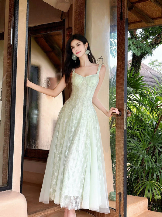 Beautiful A Line Spaghetti Strap Sage Green Lace Long For Women Girls Teens Prom Dresses N2200