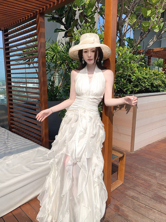 Beautiful A Line Halter White Ruffles Long For Women Girls Teens Prom Dresses N2202