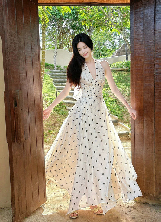 Beautiful A Line Halter Black Polka Dots Summer Formal Long For Women Girls Teens Prom Dresses N2203