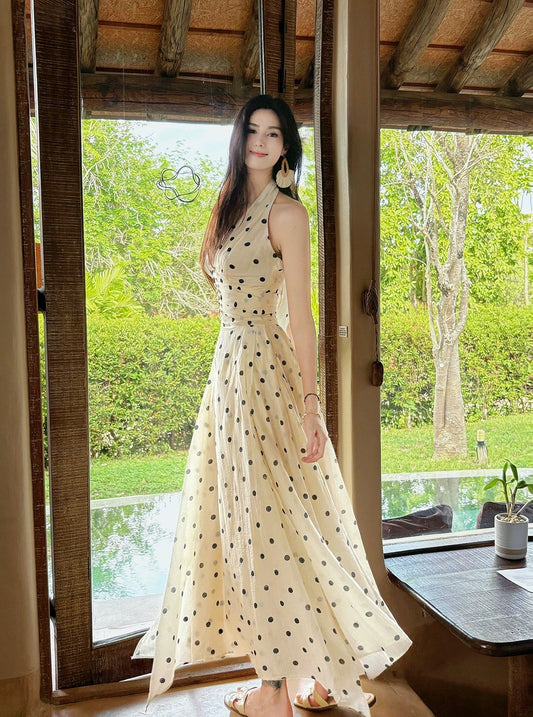 French Style A Line Halter Black Polka Dots Summer Formal Long For Women Girls Teens Prom Dresses N2204