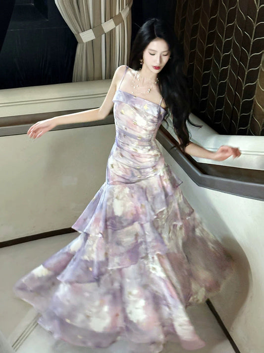 Classy Mermaid Spaghetti Strap Lilac Floral Chiffon Long For Women Girls Teens Prom Dresses N2212
