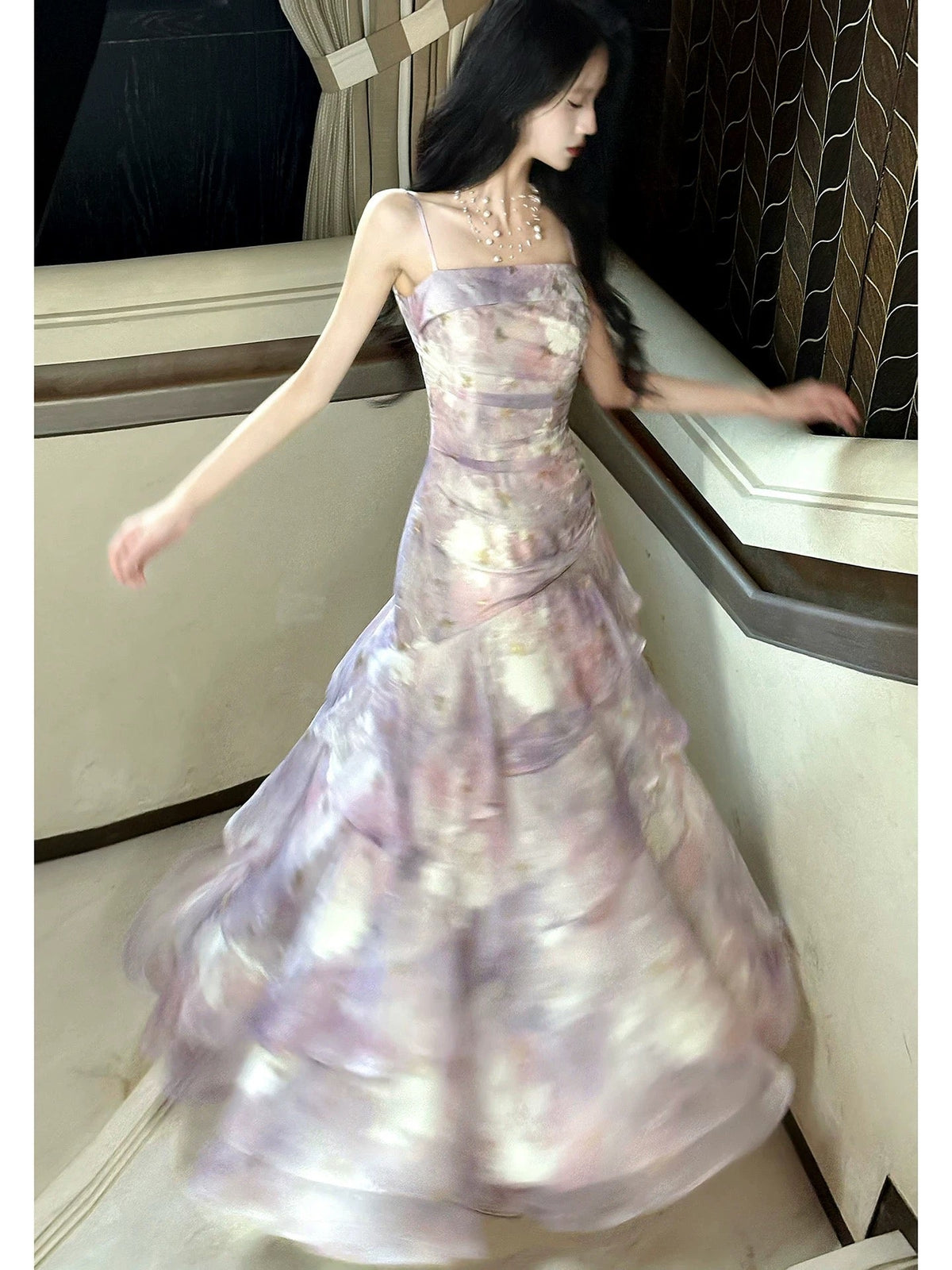 Classy Mermaid Spaghetti Strap Lilac Floral Chiffon Long For Women Girls Teens Prom Dresses N2212