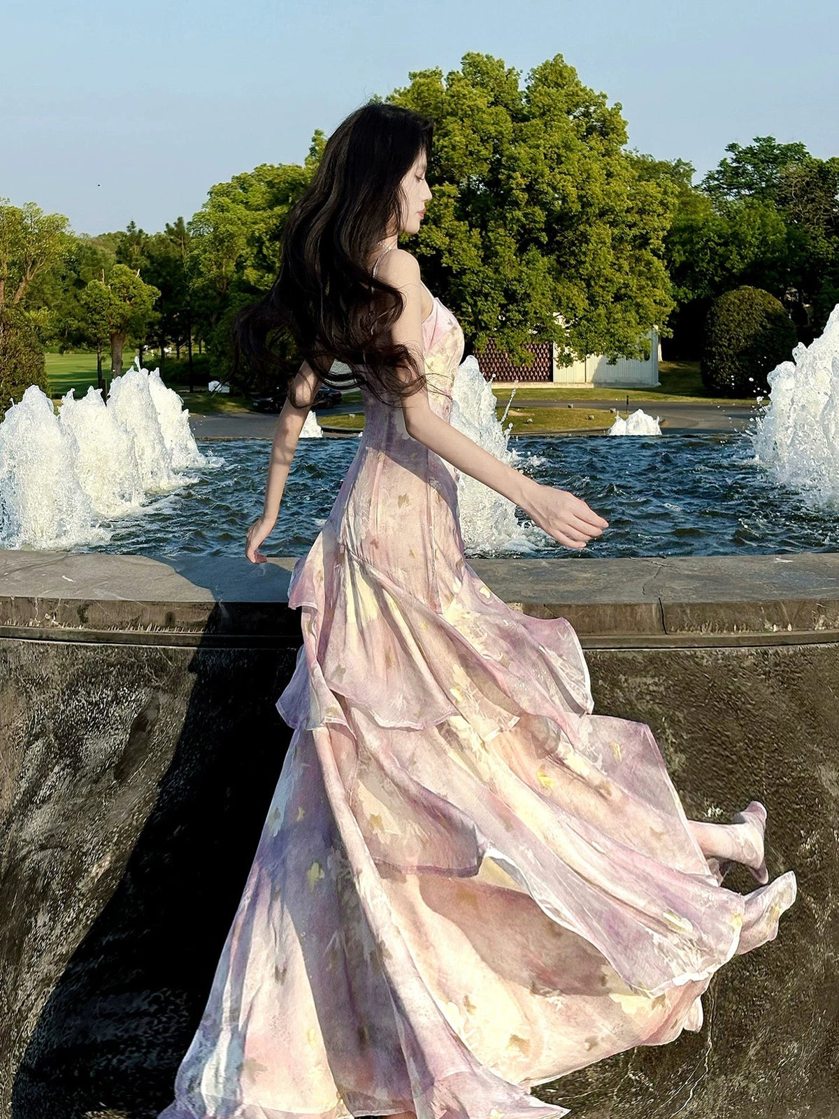 Classy Mermaid Spaghetti Strap Lilac Floral Chiffon Long For Women Girls Teens Prom Dresses N2212