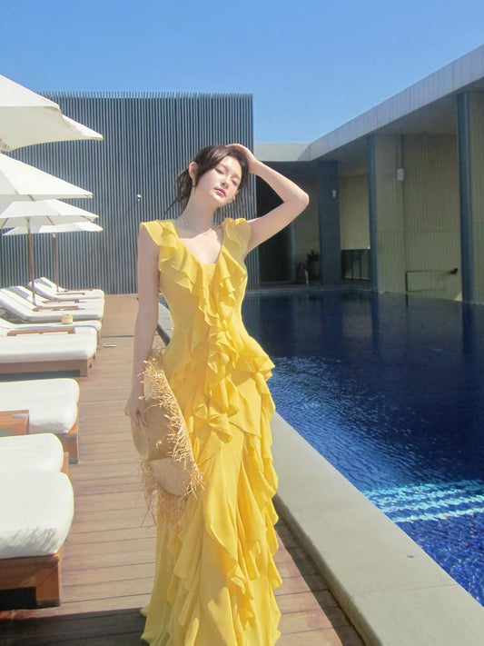 Simple Mermaid V Neck Yellow Chiffon Summer Formal For Women Girls Teens Prom Dresses N2216
