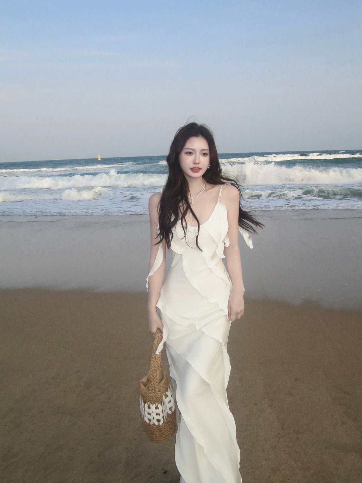 Simple Mermaid Spaghetti Strap White Chiffon Summer Formal For Women Girls Teens Prom Dresses N2227