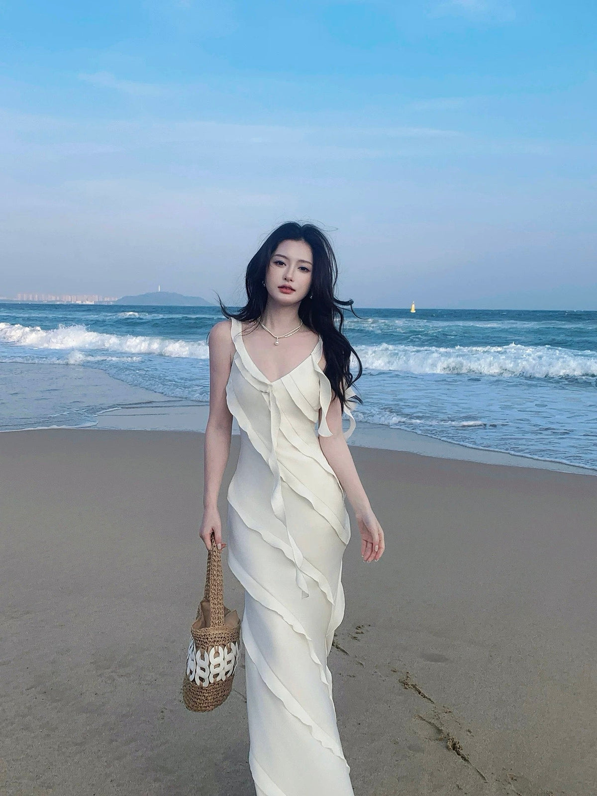 Simple Mermaid Spaghetti Strap White Chiffon Summer Formal For Women Girls Teens Prom Dresses N2227