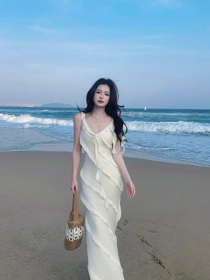 Simple Mermaid Spaghetti Strap White Chiffon Summer Formal For Women Girls Teens Prom Dresses N2227
