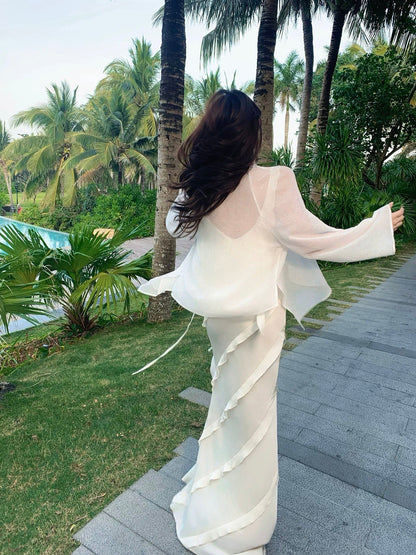 Simple Mermaid Spaghetti Strap White Chiffon Summer Formal For Women Girls Teens Prom Dresses N2227