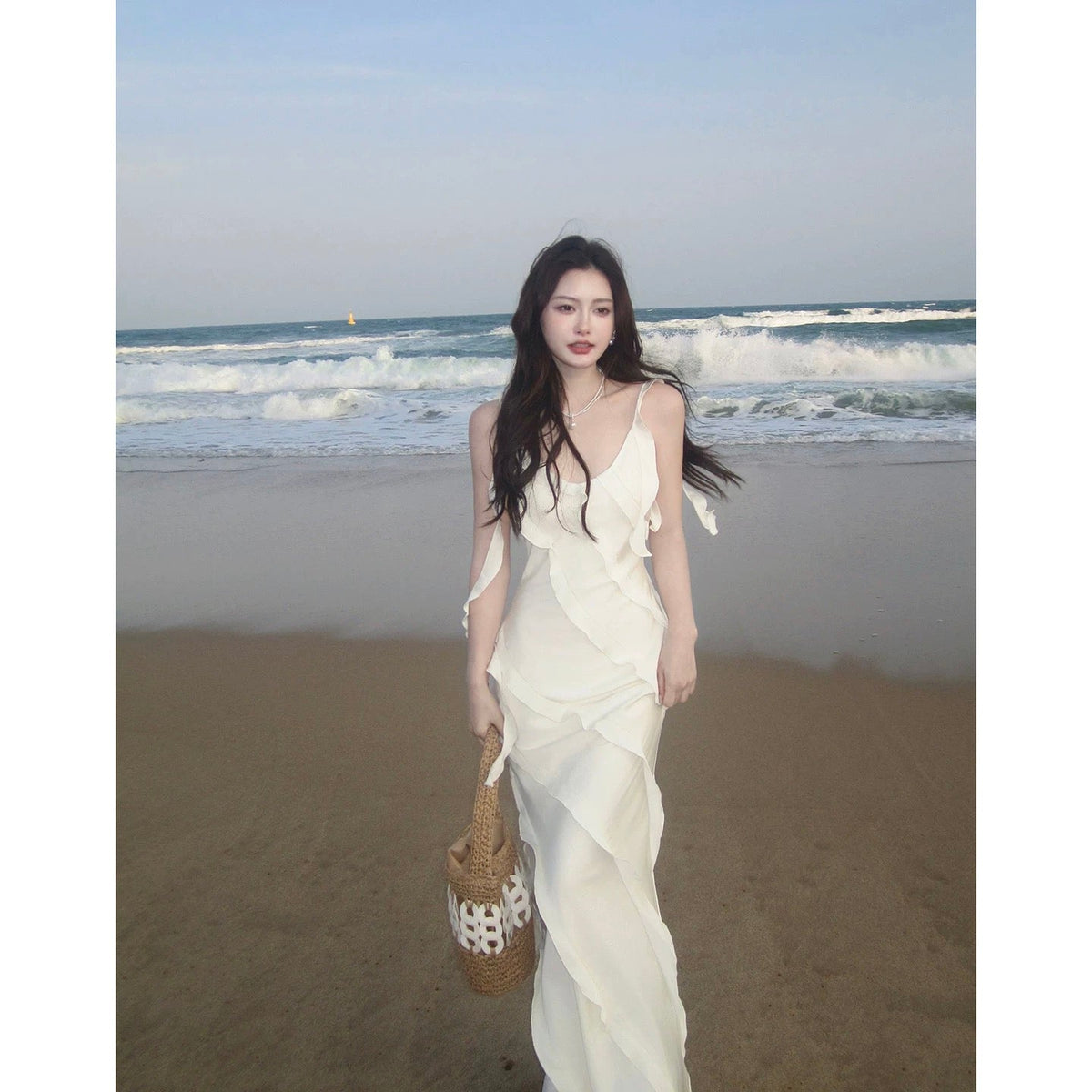 Simple Mermaid Spaghetti Strap White Chiffon Summer Formal For Women Girls Teens Prom Dresses N2227