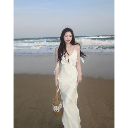Simple Mermaid Spaghetti Strap White Chiffon Summer Formal For Women Girls Teens Prom Dresses N2227