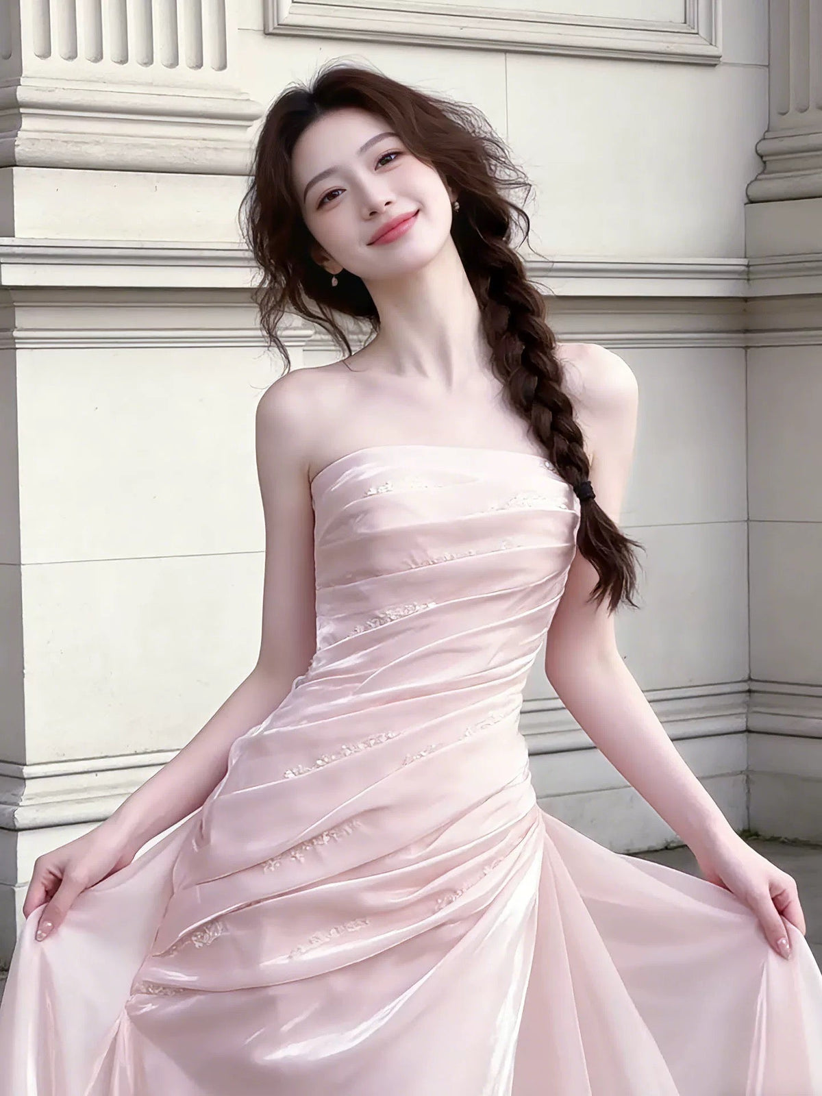 Cute Mermaid Strapless Pink With Ruffles For High Schools Teens Prom Dresses Long Graduation Dress N1669