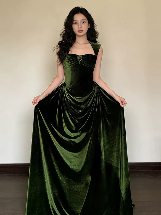 Vintage A Line Strapless Green Velvet With Ruffles For High Schools Teens Prom Dresses Long Graduation Dress N1671