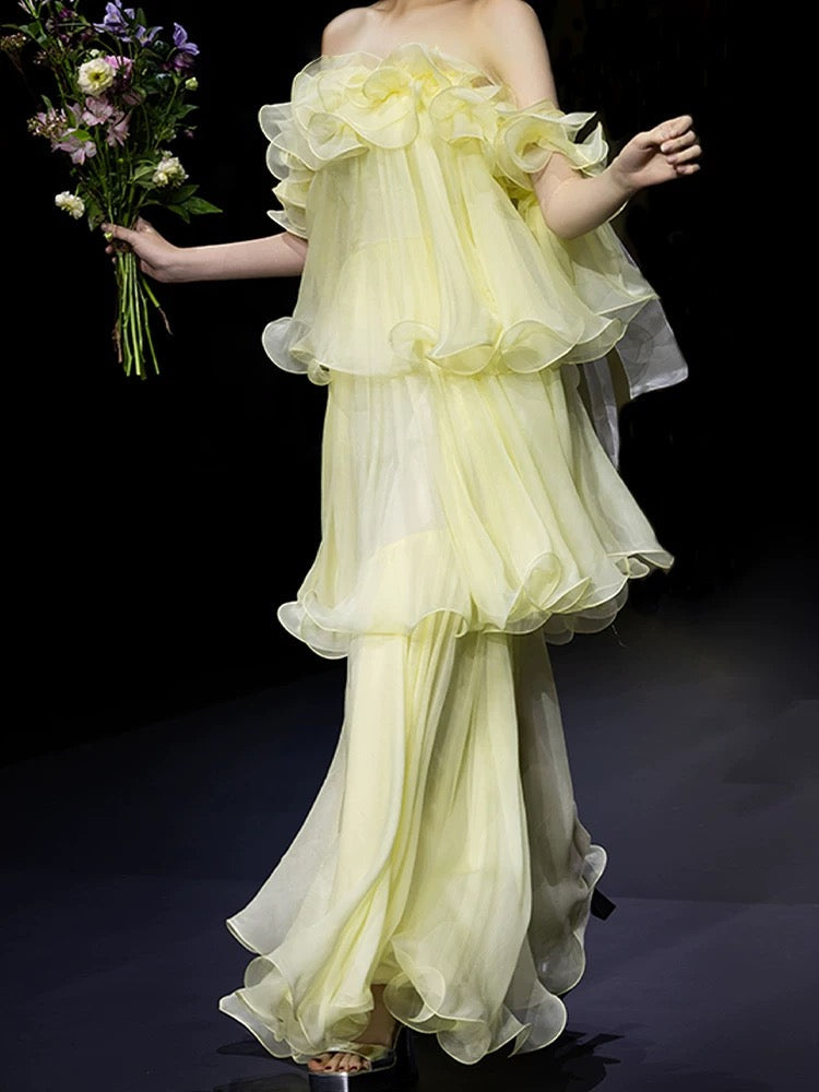Vintage A Line Off The Shoulder Yellow Chiffon With Ruffles For High Schools Teens Prom Dresses Graduation Dress N1677