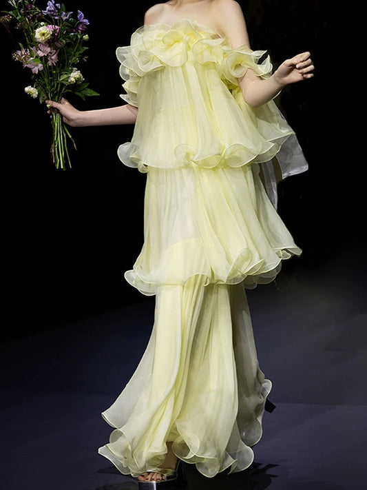 Vintage A Line Off The Shoulder Yellow Chiffon With Ruffles For High Schools Teens Prom Dresses Graduation Dress N1677
