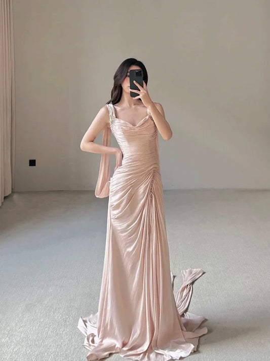 Vintage Mermaid Cowl Neck Pink With Ruffles For High Schools Teens Prom Dresses Graduation Dress N1678