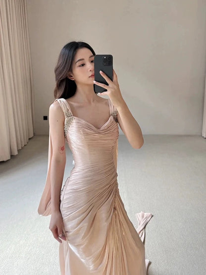 Vintage Mermaid Cowl Neck Pink With Ruffles For High Schools Teens Prom Dresses Graduation Dress N1678