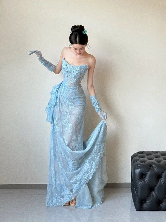 Beautiful Mermaid Sweetheart Blue Lace With Gloves For High Schools Teens Prom Dresses Graduation Dress N1689