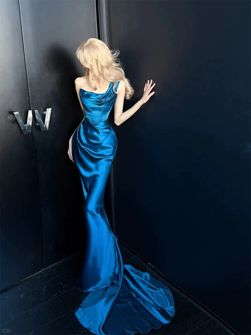 Modest Prom Dresses Mermaid One Shoulder Blue Satin With Pleated Long Formal Dress N3159