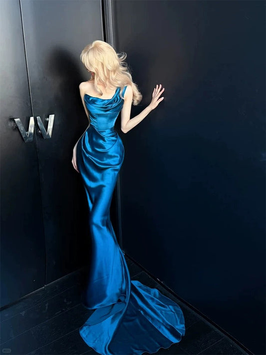 Modest Prom Dresses Mermaid One Shoulder Blue Satin With Pleated Long Formal Dress N3159